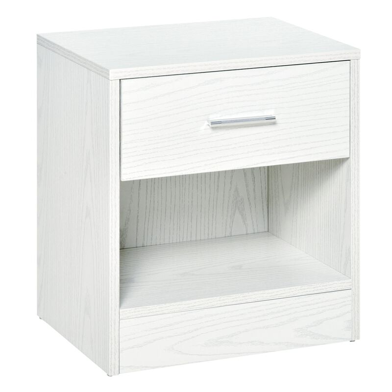 White Wood Bedside Table: Modern Nightstand with Drawer and Shelf
