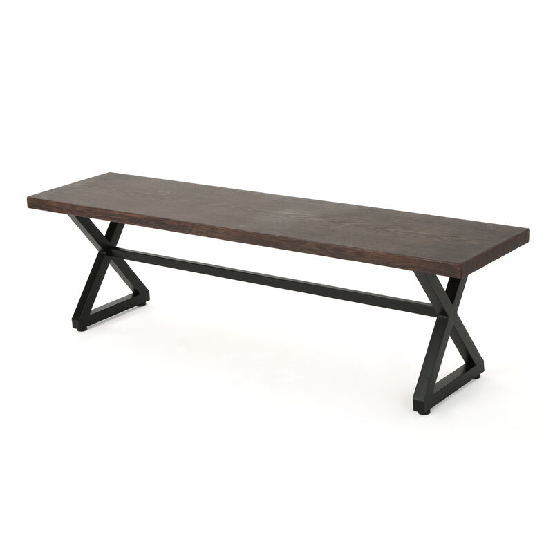 Romita Outdoor Dining Bench, X Legs, Brown Metal, Black Steel, 63 Inch - Benzara