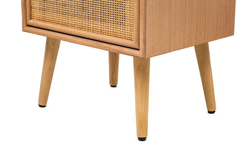 Scandinavian Bedside Table in Wood with Rattan Drawer