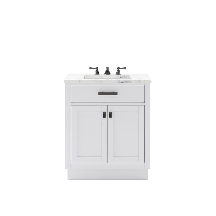 Hartford 30 In. Single Sink Carrara White Marble Countertop Bath Vanity in Pure White