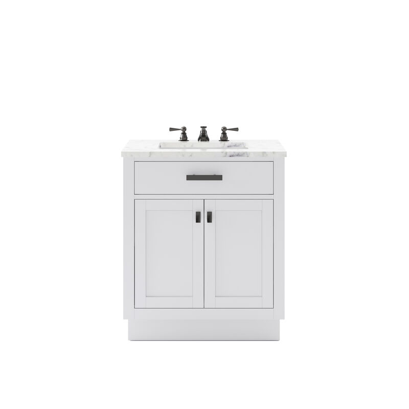Hartford 30 In. Single Sink Carrara White Marble Countertop Bath Vanity in Pure White