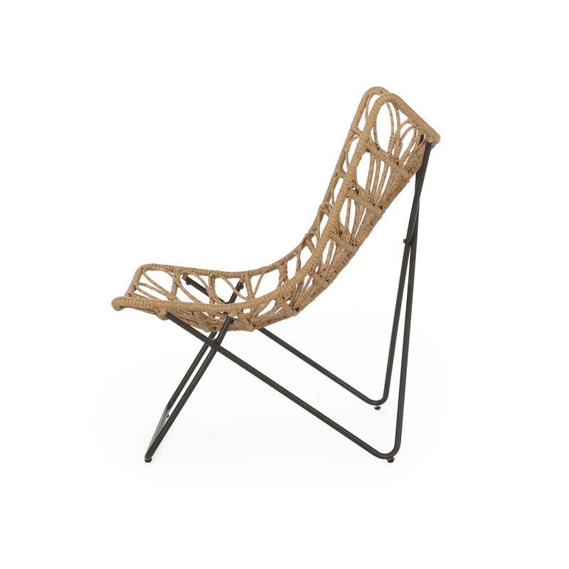 Fordy Outdoor Chair Set of 2, Curved Seat, Brown Rattan, Black Metal - Benzara