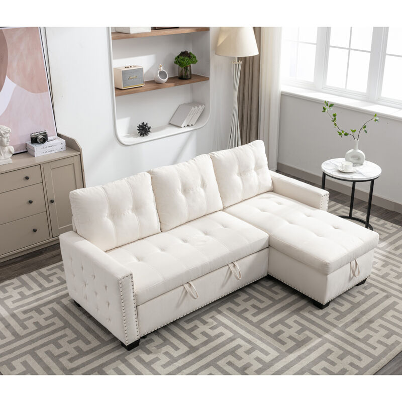 77" Reversible Sleeper Sectional With Storage, Beige Velvet