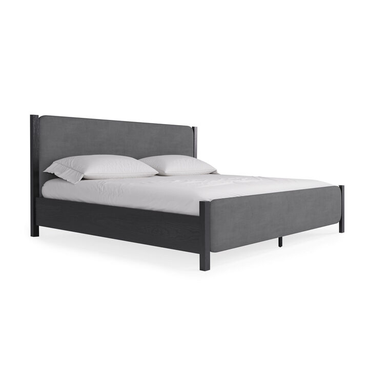 Cave Full Bed, Velvet Upholstery, Squared Posts, Dark Gray Mahogany Wood - Benzara