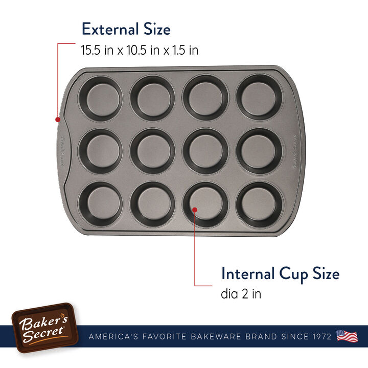 Baker's Secret 12Cup Muffin Pan, Thick Carbon Steel & Non-stick Coating, 15.5", Dark Gray Classic Line, Cupcake and Muffin Baking Essentials, Carbon Steel