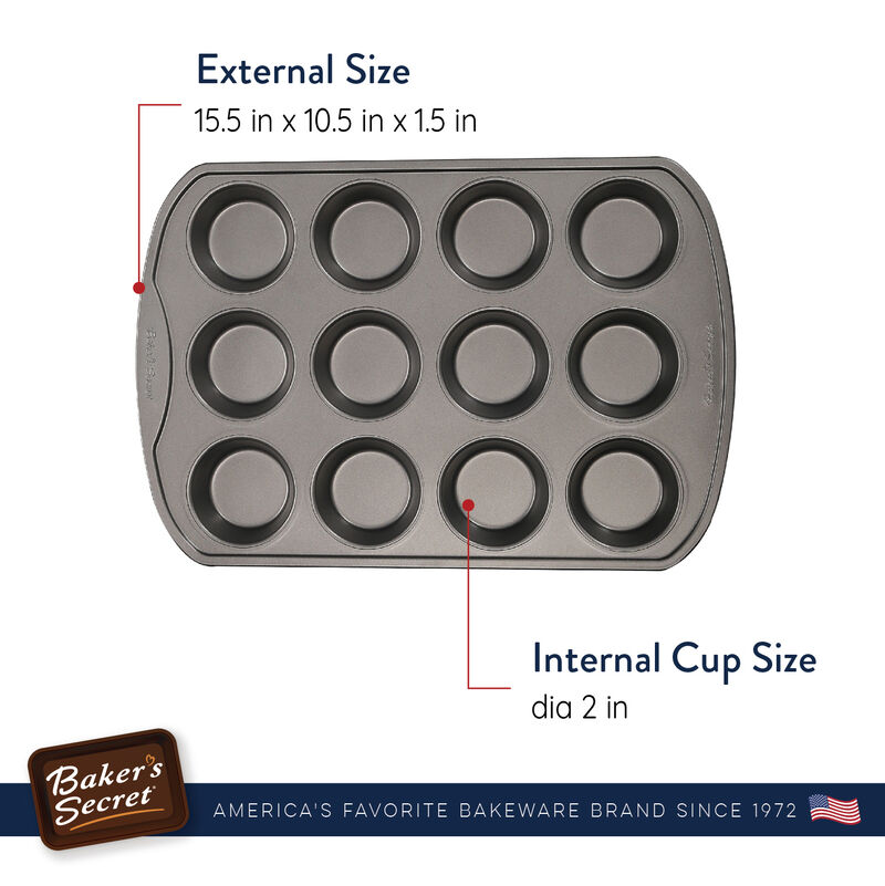 Baker's Secret 12Cup Muffin Pan, Thick Carbon Steel & Non-stick Coating, 15.5", Dark Gray Classic Line, Cupcake and Muffin Baking Essentials, Carbon Steel