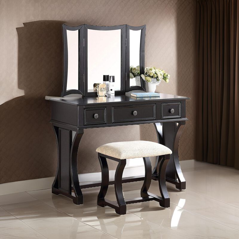 Modish Vanity Set Featuring Stool And Mirror Black-Benzara