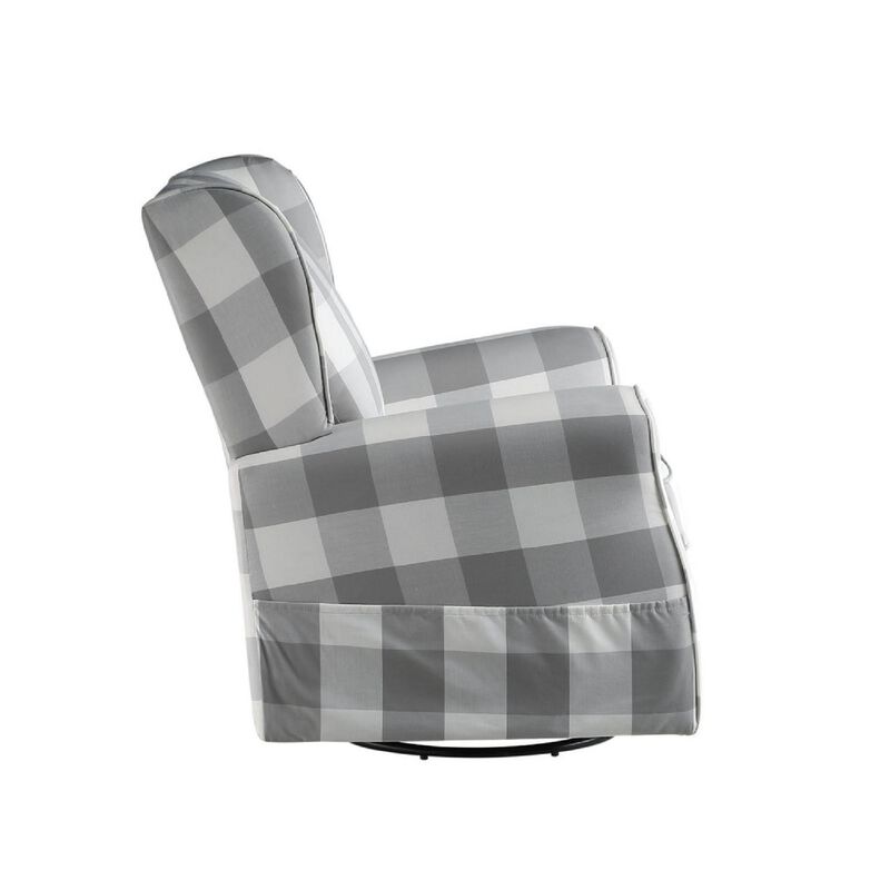 35 Inch Accent Swivel Chair, Glider, Checkered Fabric, Light Gray - Benzara