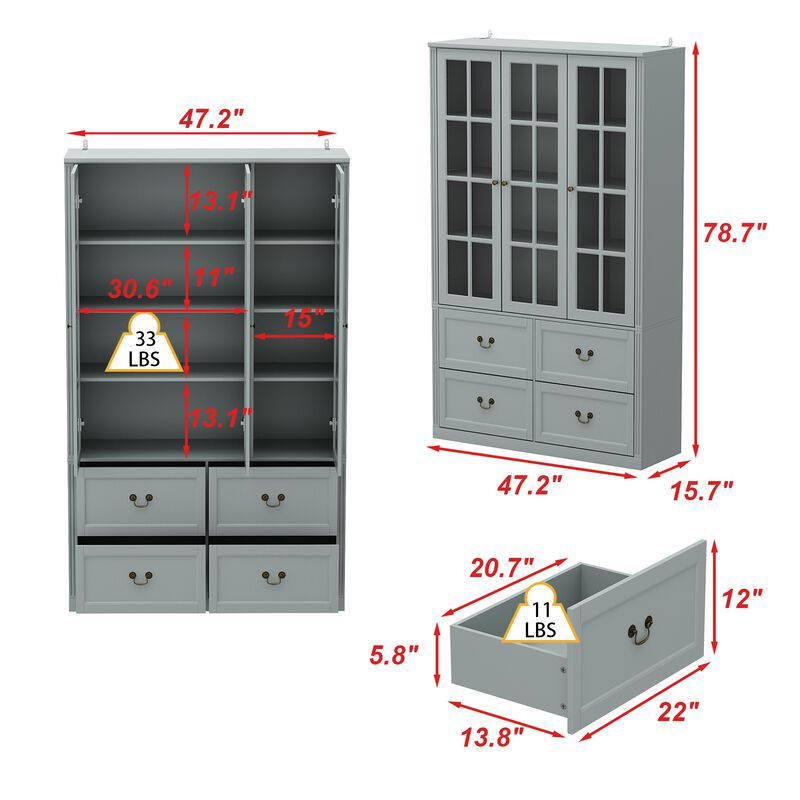 47.2 in. W x 78.7 in. Tall 8-Shelf Gray Wood Standard Bookcase Bookshelf With Glass Doors, Adjustable Shelves, Drawers