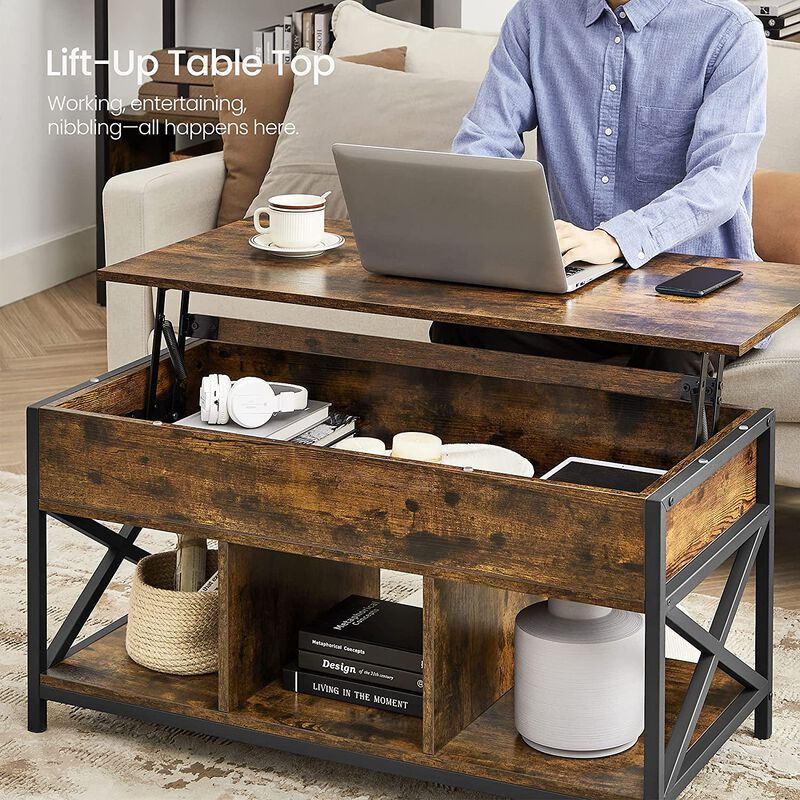 Modern Lift Top Coffee Table - Hidden & Open Compartments with X-Shaped Steel Frame