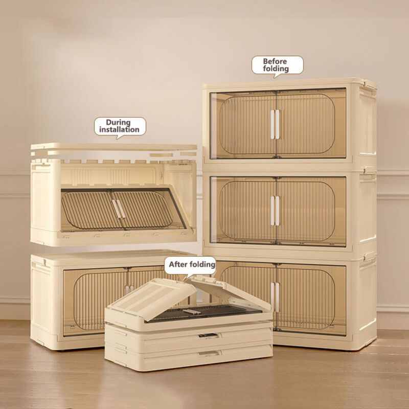 3-Tier Folding Storage Cabinet, Plastic Storage Bins with Magnetic Doors & Wheels for Closet and Home Organization