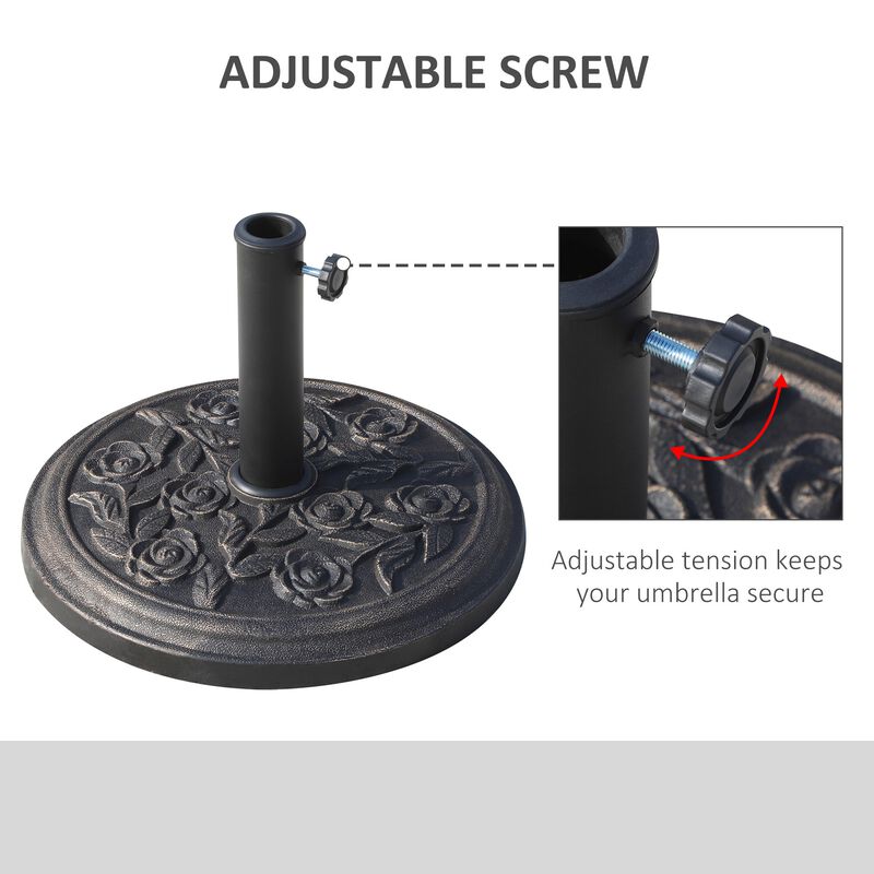 Bronze Umbrella Base: 18" Round Resin Stand with Rose Pattern for 1.5", 1.89" Poles