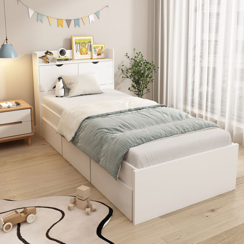 White Wood Frame Twin Bed Platform Bed Storage Bed with 3-Wheels Drawers and Headboard