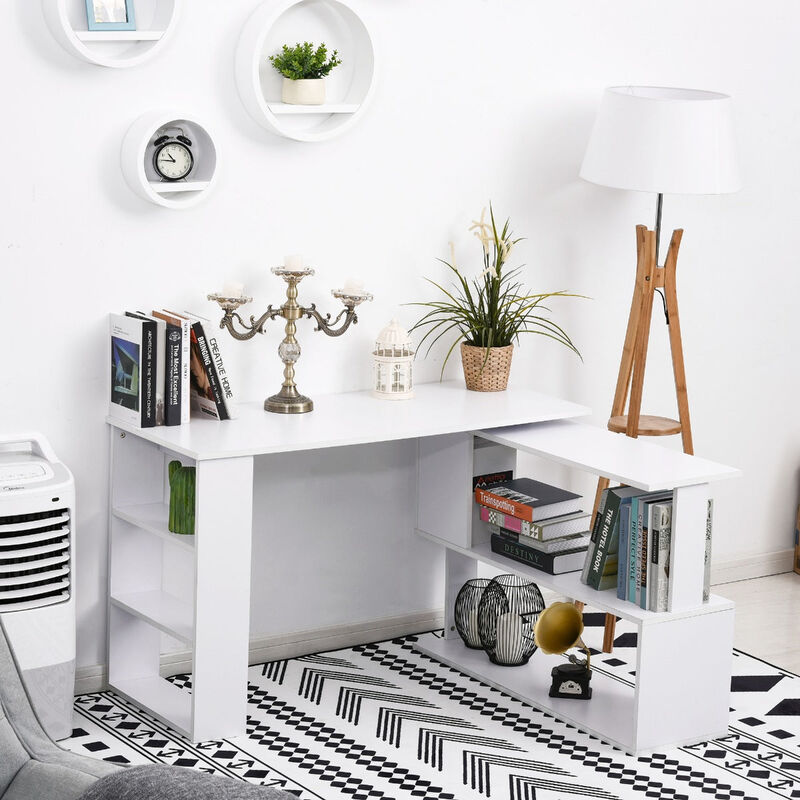 White Multitasking Hub: 360° Rotating L-Shaped Office Desk with Storage