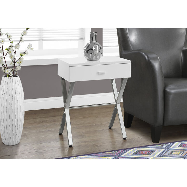 Monarch Specialties I 3262 Accent Table, Side, End, Nightstand, Lamp, Storage Drawer, Living Room, Bedroom, Metal, Laminate, Glossy White, Chrome, Contemporary, Modern