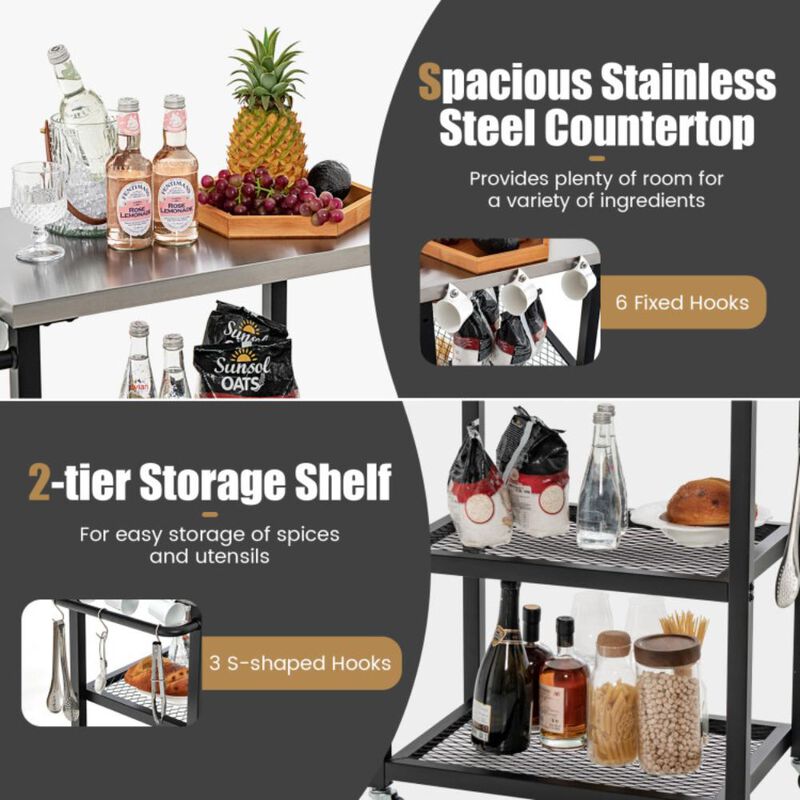 Hivvago 3-Tier Foldable Outdoor Stainless Steel Food Prepare Dining Cart Table on Wheels