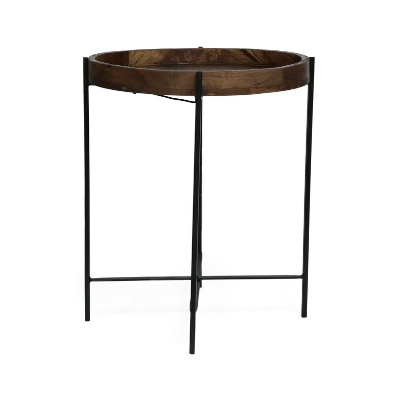 Peo Modern Side End Table, 22 Inch Round Wood Tray, Black Metal Base - Benzara