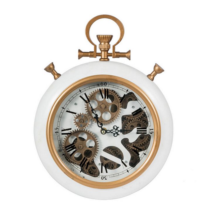 15 Inch Modern Roman Numeral Wall Clock, Iron, Plastic, White, Gold Finish - Benzara