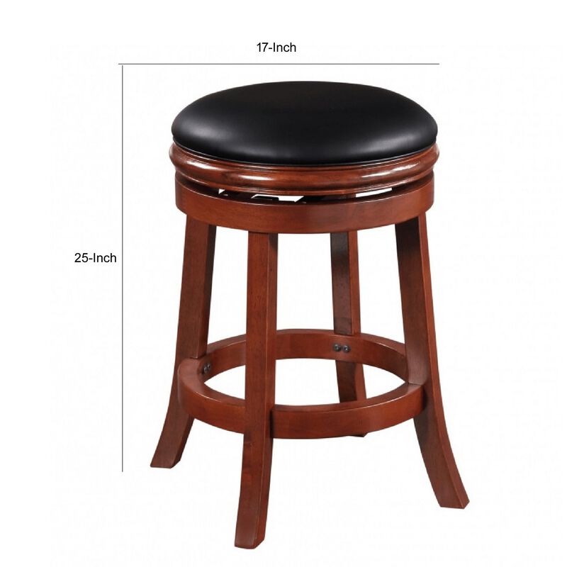 Sabi 24 inch Swivel Counter Stool, Solid Wood, Faux Leather, Brown, Black-Benzara