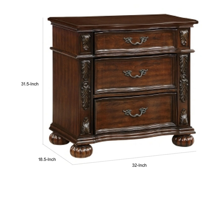 Nami 32 Inch Nightstand, 3 Drawers, Leaf Carvings, Cherry Brown Solid Wood - Benzara