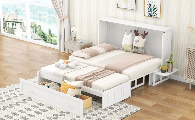 Queen Size Mobile Murphy Bed With Drawer And Little Shelves On Each Side