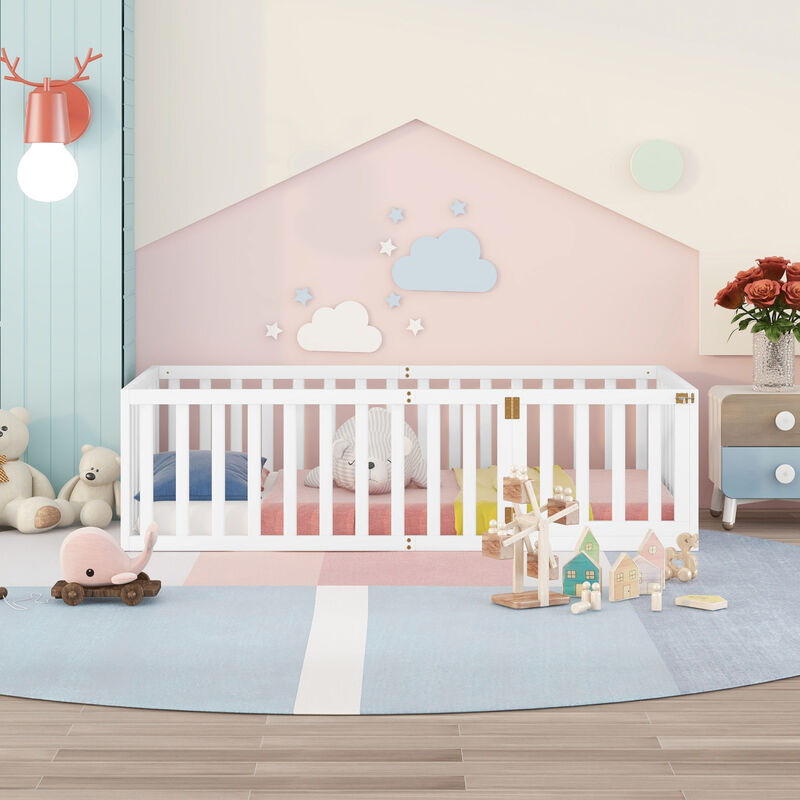 Twin Size Wood Floor Bed Frame With Fence And Door