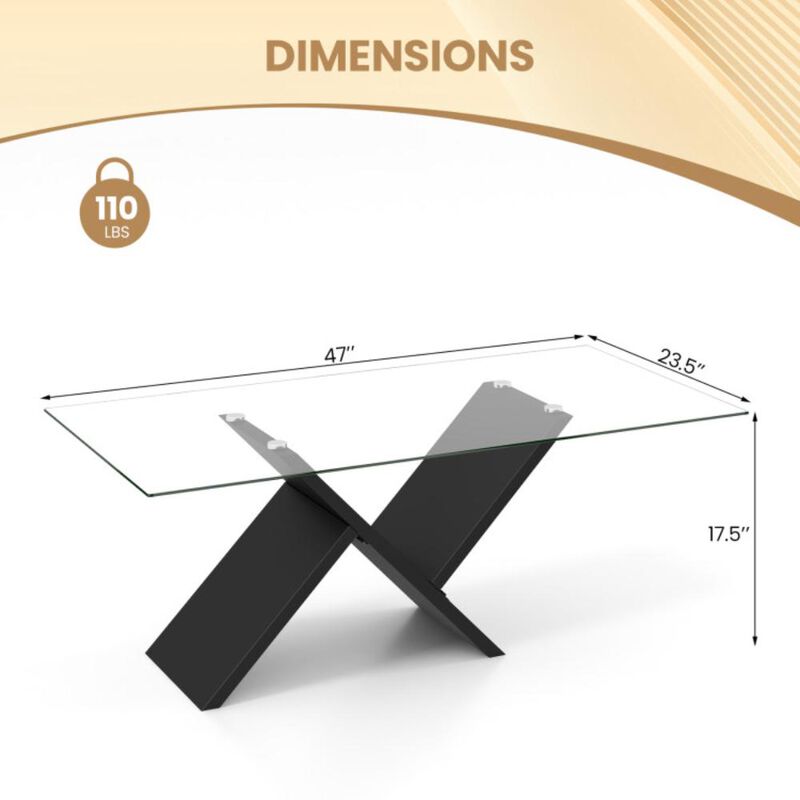 Hivvago 47 Inch Rectangle Glass Coffee Table Modern Center Table with Tempered Glass Tabletop