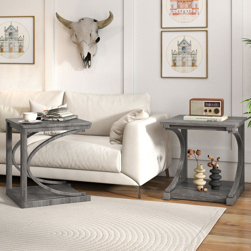 C-Shaped 2-Tier Square End Table for Sofa or Living Room