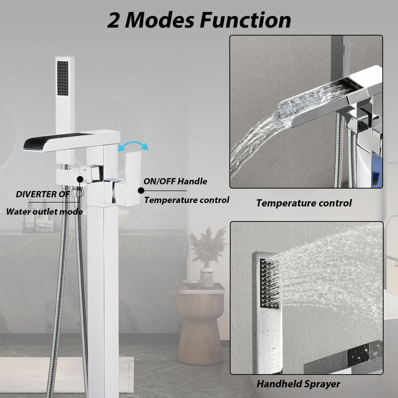 Bathroom Freestanding Waterfall Tub Filler Matte Black Floor Mount Faucet With Hand Shower