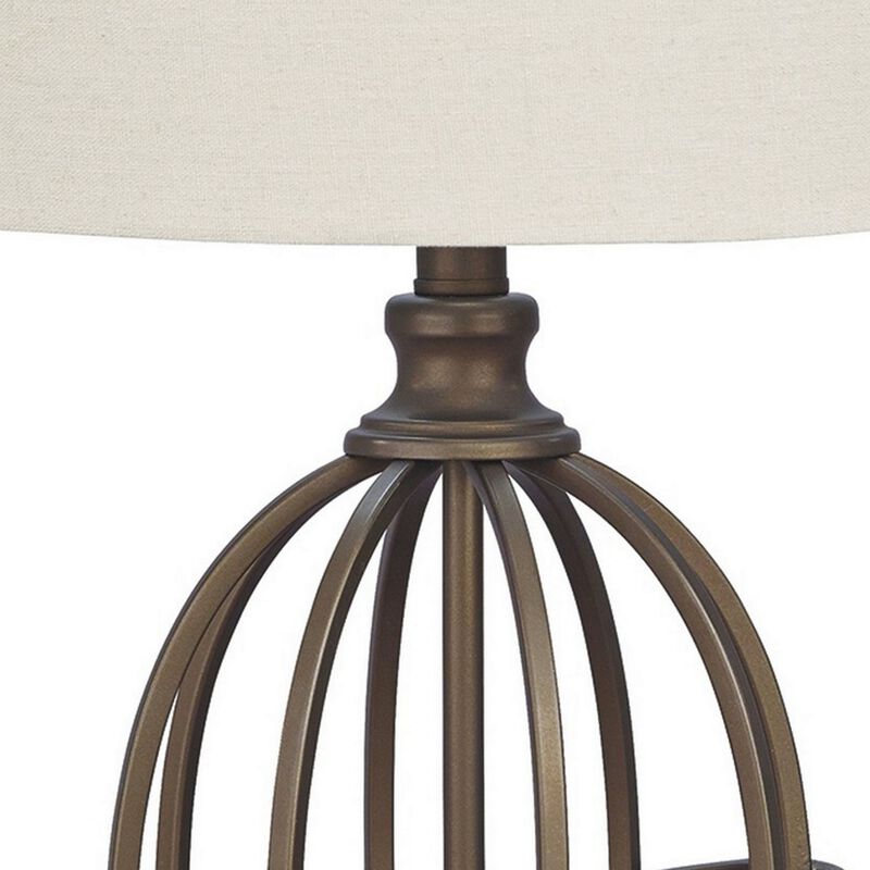 Armillary Metal Base Table Lamp with fabric Shade, White and Bronze-Benzara