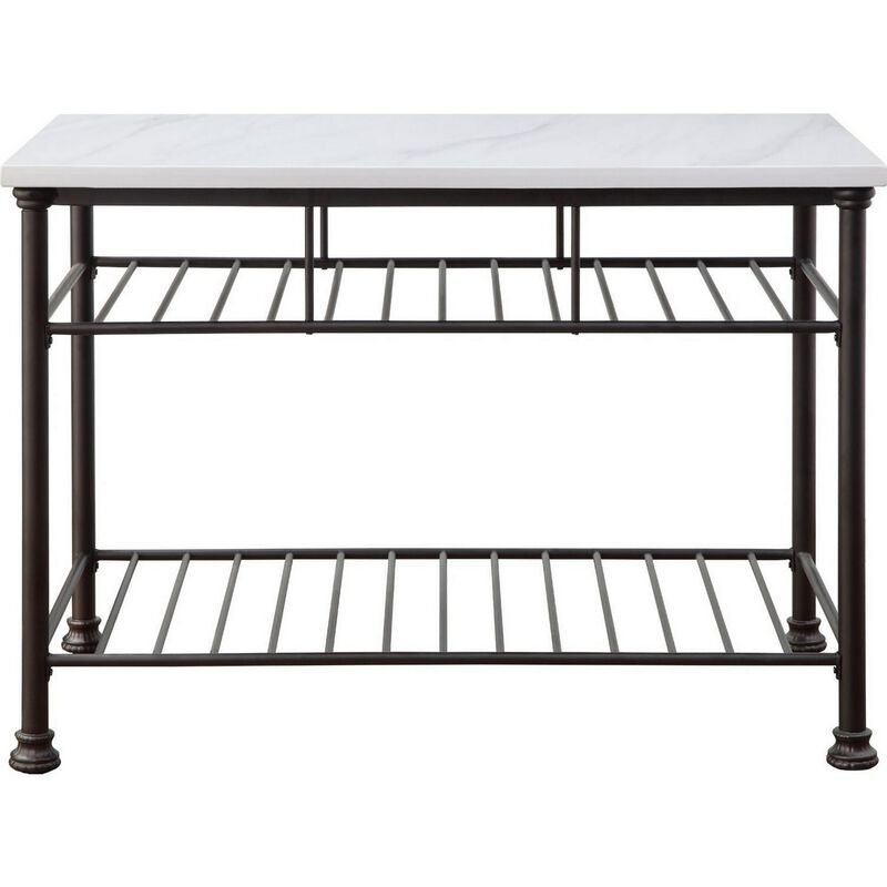 Kitchen Island with Artificial Marble Top and 2 Slatted Shelf, White-Benzara