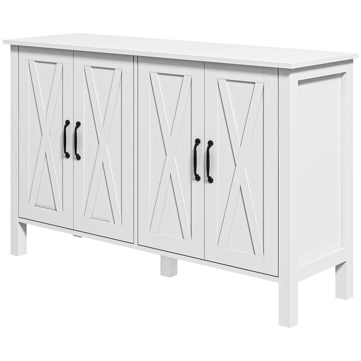 White Buffet Cabinet: 4 Barn Doors, Adjustable Shelves