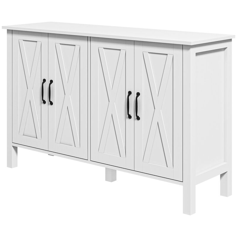 White Buffet Cabinet: 4 Barn Doors, Adjustable Shelves