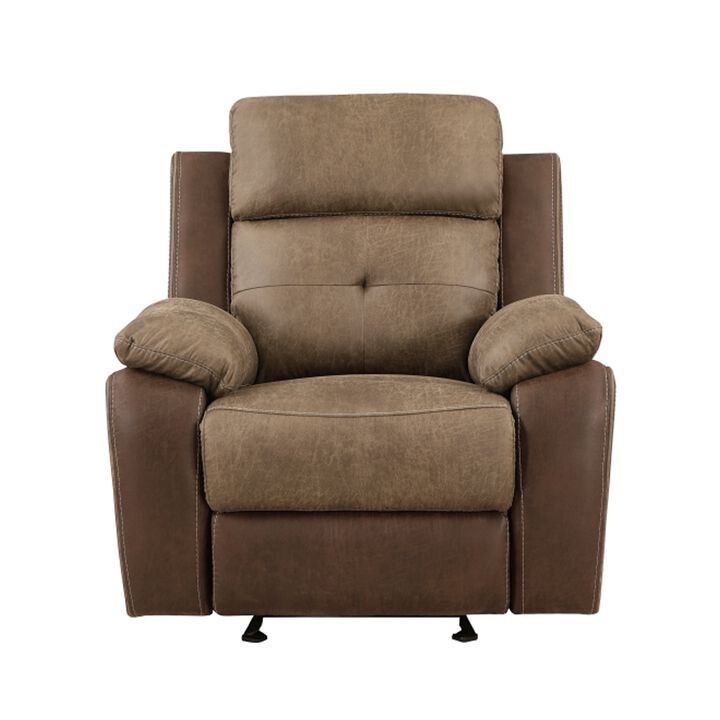 Emma 38 Inch Manual Glider Recliner Chair, Brown Microfiber, Solid Wood - Benzara