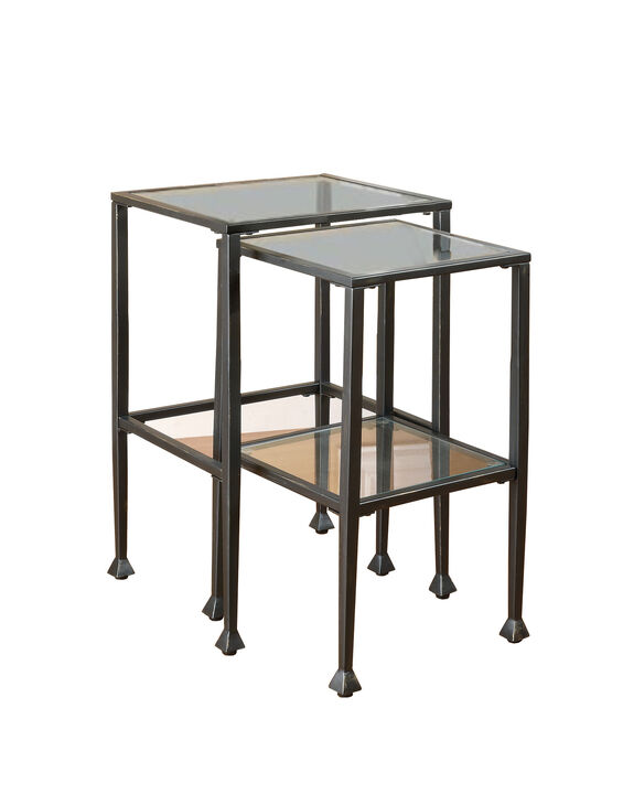 Set Of 2 Metal Nesting Tables With Glass Top, Black-Benzara