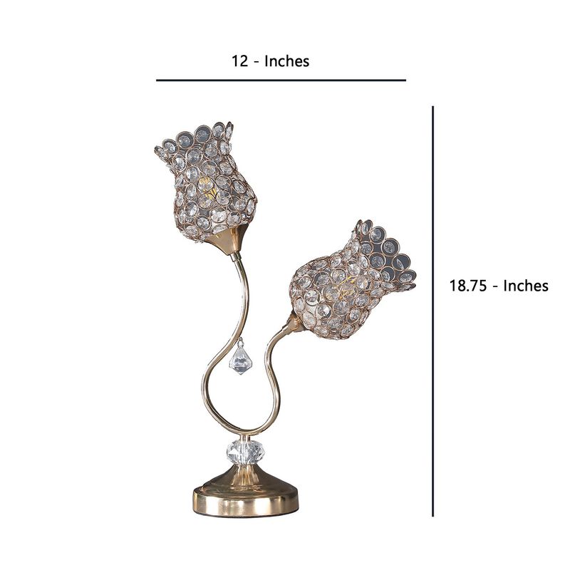 Metal Table Lamp with Floral Trumpet Shade and Crystal Accents, Gold-Benzara