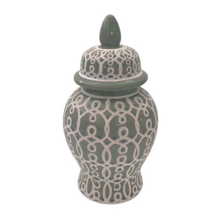 12 Inch Temple Jar, Ceramic Intricate Geometric Pattern, Removable Lid, Olive Green - Benzara