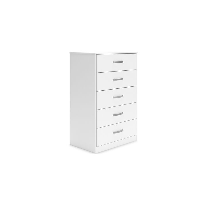 Eriss Tall Dresser Chest, 5 Drawers, White Wood, Silver Metal, 46 Inch - Benzara