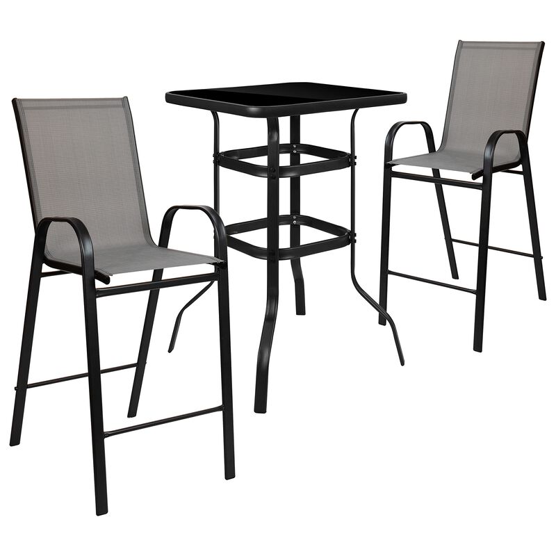 Flash Furniture Brazos Bar Table Set - 3 Piece Glass Brazos Bar Table with 2 Gray Patio Bar Stools - Brazos Outdoor Chairs
