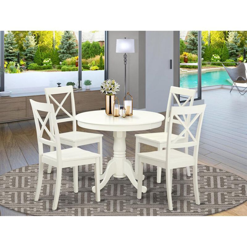 East West Furniture 5  Pc  set  with  a  Table  and  4  Wood  Dinette  Chairs  Having  Linen  White  .