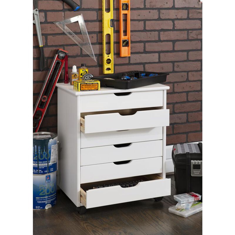 Linon Cary Six Drawer Wide Roll Cart, White Wash