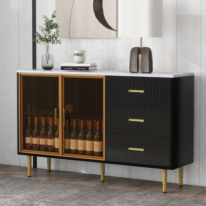 Modern Buffet Cabinet with Sticker Tabletop and Amber Glass Doors for Stylish Storage
