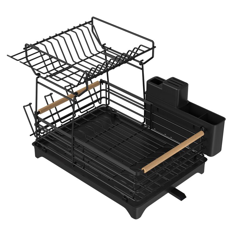 Adjustable Dish Rack With Bamboo Handle Black