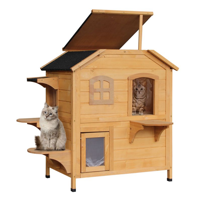 Natural Cat Condo: 2-Story Wooden Outdoor Shelter with 4 Platforms
