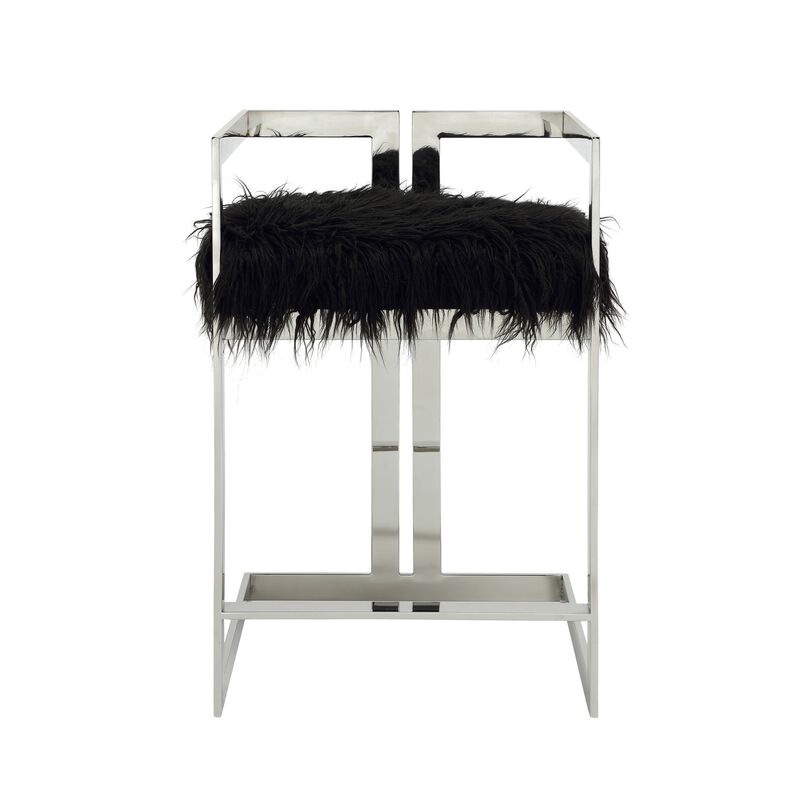 Suki 26 Inch Counter Stool Chair, Black Faux Fur, Silver Stainless Steel - Benzara