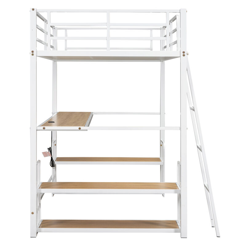 Merax Metal Loft Bed with Desk and Storage Shelves