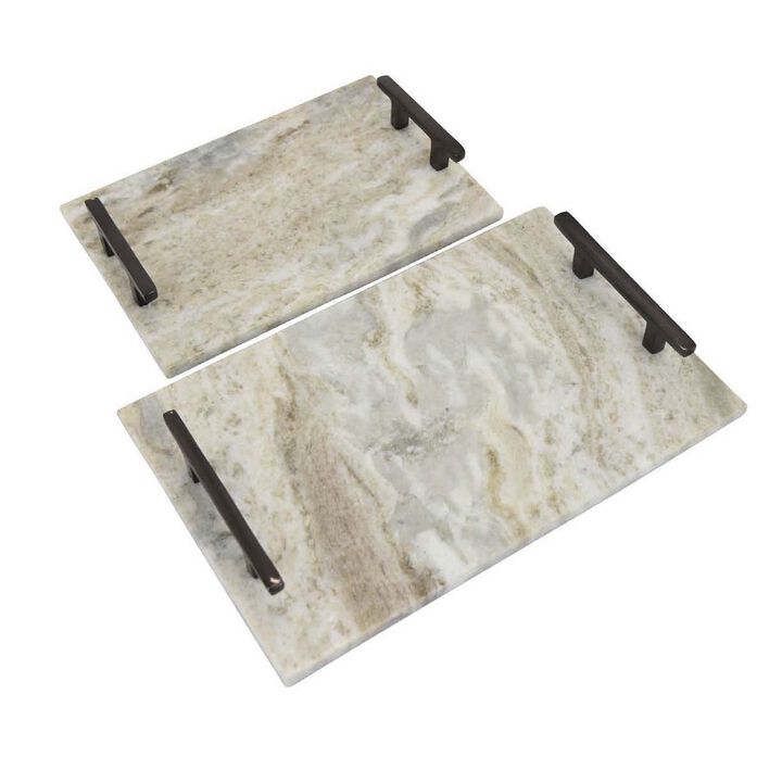 Entro Tray Set of 2, Rectangular Shape, 2 Gold Handles, White Finish Marble - Benzara