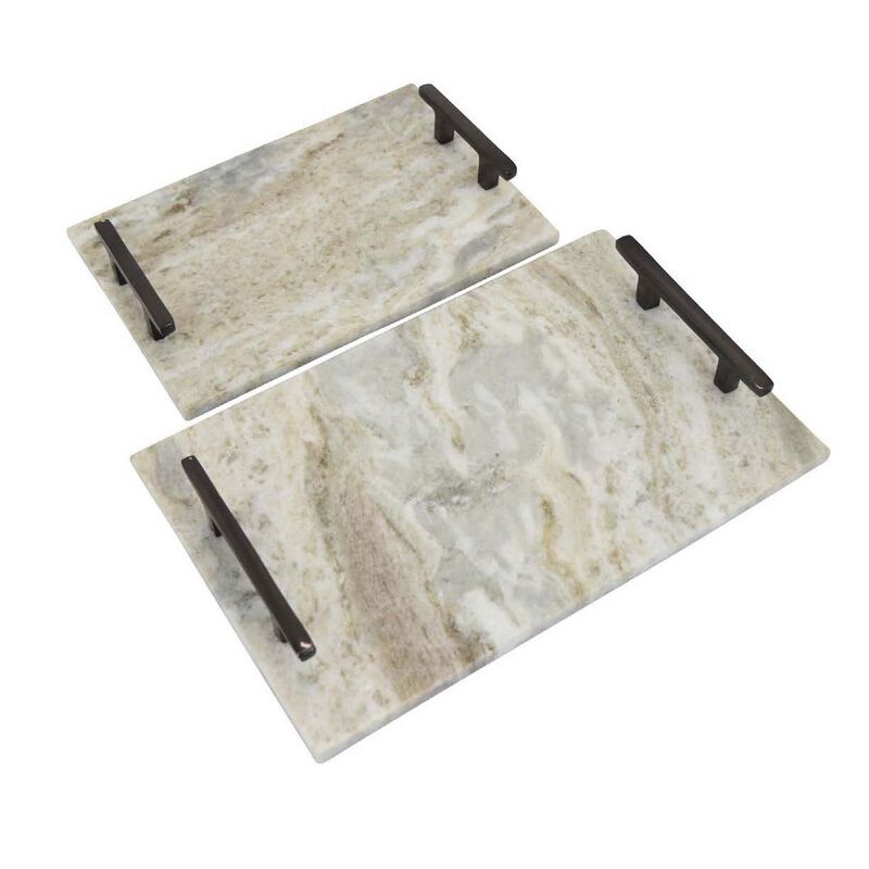 Entro Tray Set of 2, Rectangular Shape, 2 Gold Handles, White Finish Marble - Benzara