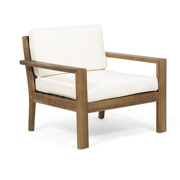 Outdoor Accent Chair, Slat Panel, Wire Brush Acacia Wood, Ivory Fabric - Benzara