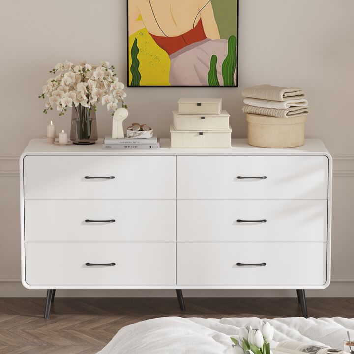 FUFU&GAGA Modern 6-Drawer Dresser, White Storage Cabinet with Black Handles & Legs, Spacious Bedroom Chest of Drawers for Clothes, Living Room & Entryway Organizer (54.9" W x 30.8" H x 15.6" D),White